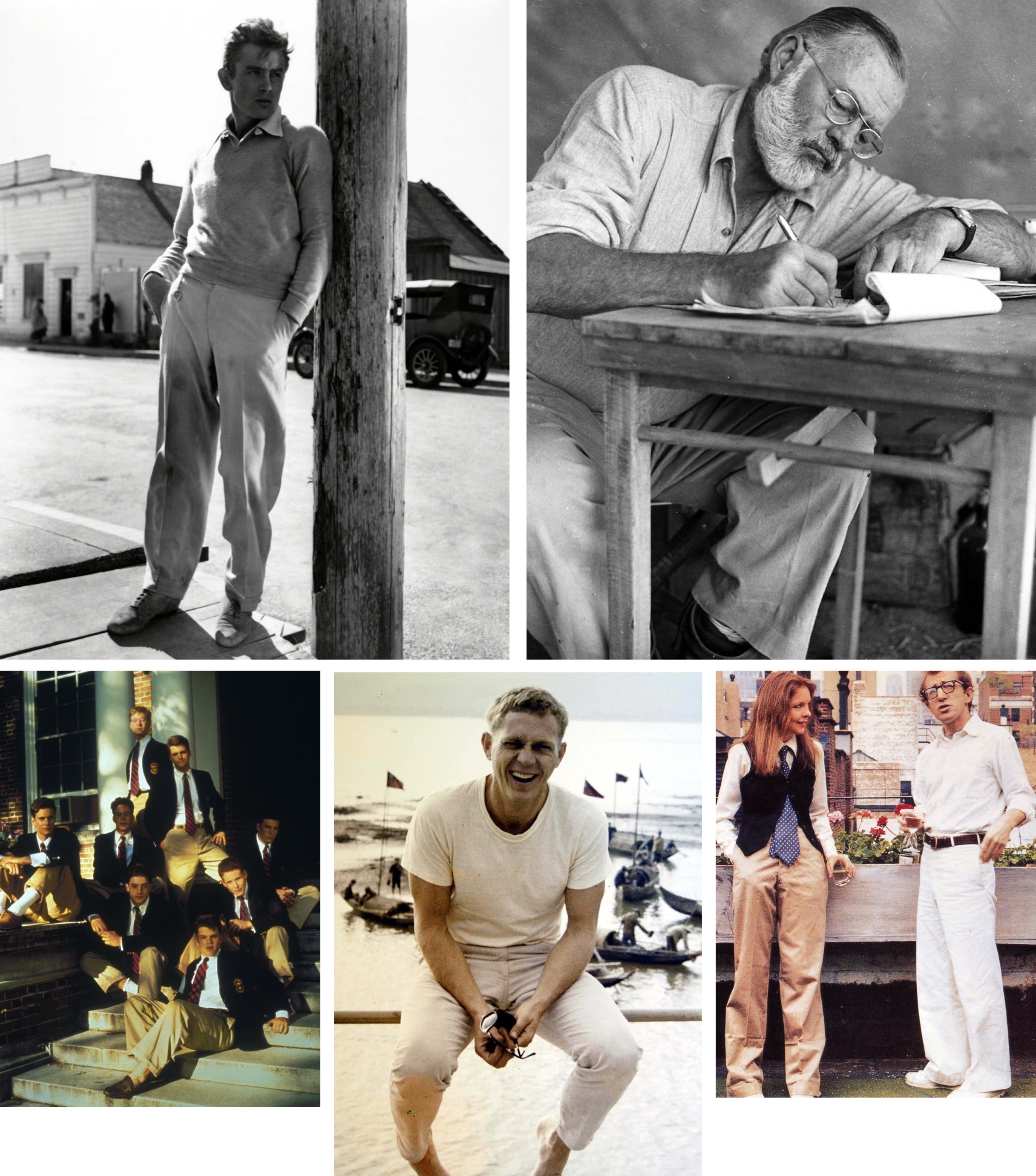       <strong>HOMEM DE ROUPA</strong><br />      <span        >A partir da parte superior esquerda: James Dean no cen&aacute;rio de        <em>A Leste do Para&iacute;so</em>; Hemingway a trabalhar num safari no Qu&eacute;nia        em 1953; Woody Allen em <em>Annie Hall</em>; Steve McQueen; uma cena do        filme <em>C&oacute;digo de Honra</em>.</span      >    