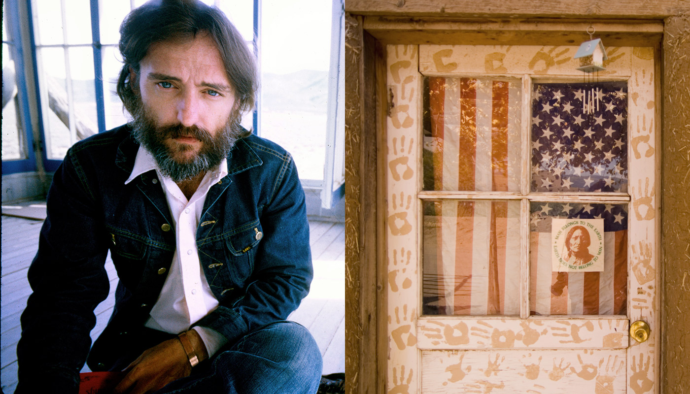                             Dennis Hopper in Taos, 1970; An American flag in a door at the Taos Pueblo