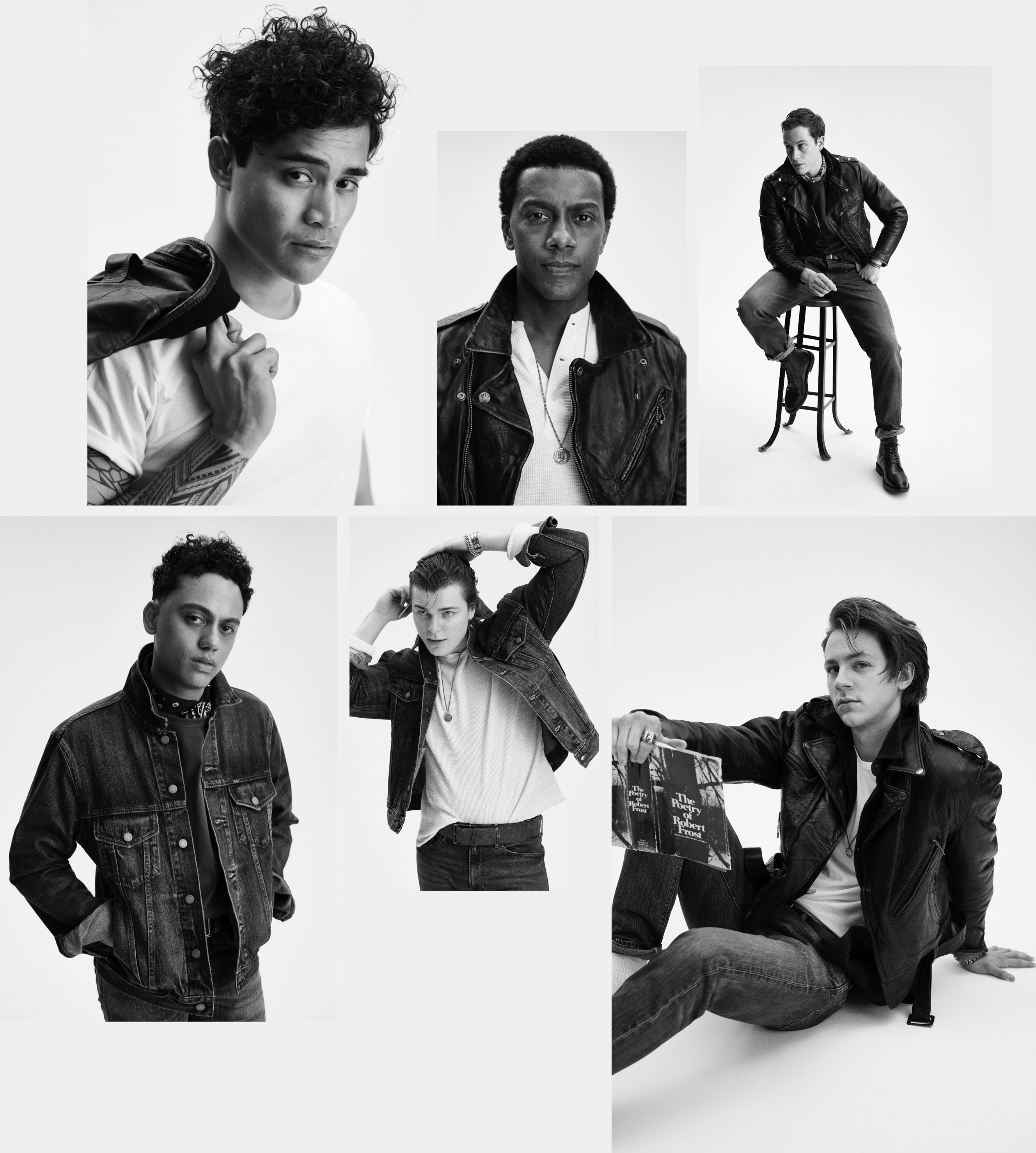 <div class="caption left-col-caption"><strong>BAND OF OUTSIDERS</strong><br/><span>From top left: Daryl Tofa as Two-Bit; Joshua Boone as Dallas; Brent Comer as Darrel; Brody Grant as Ponyboy; Jason Schmidt as Sodapop; and Sky Lokata-Lynch as Johnny. Clothes: RRL, Polo, and pieces from the Polo archive</span></div>