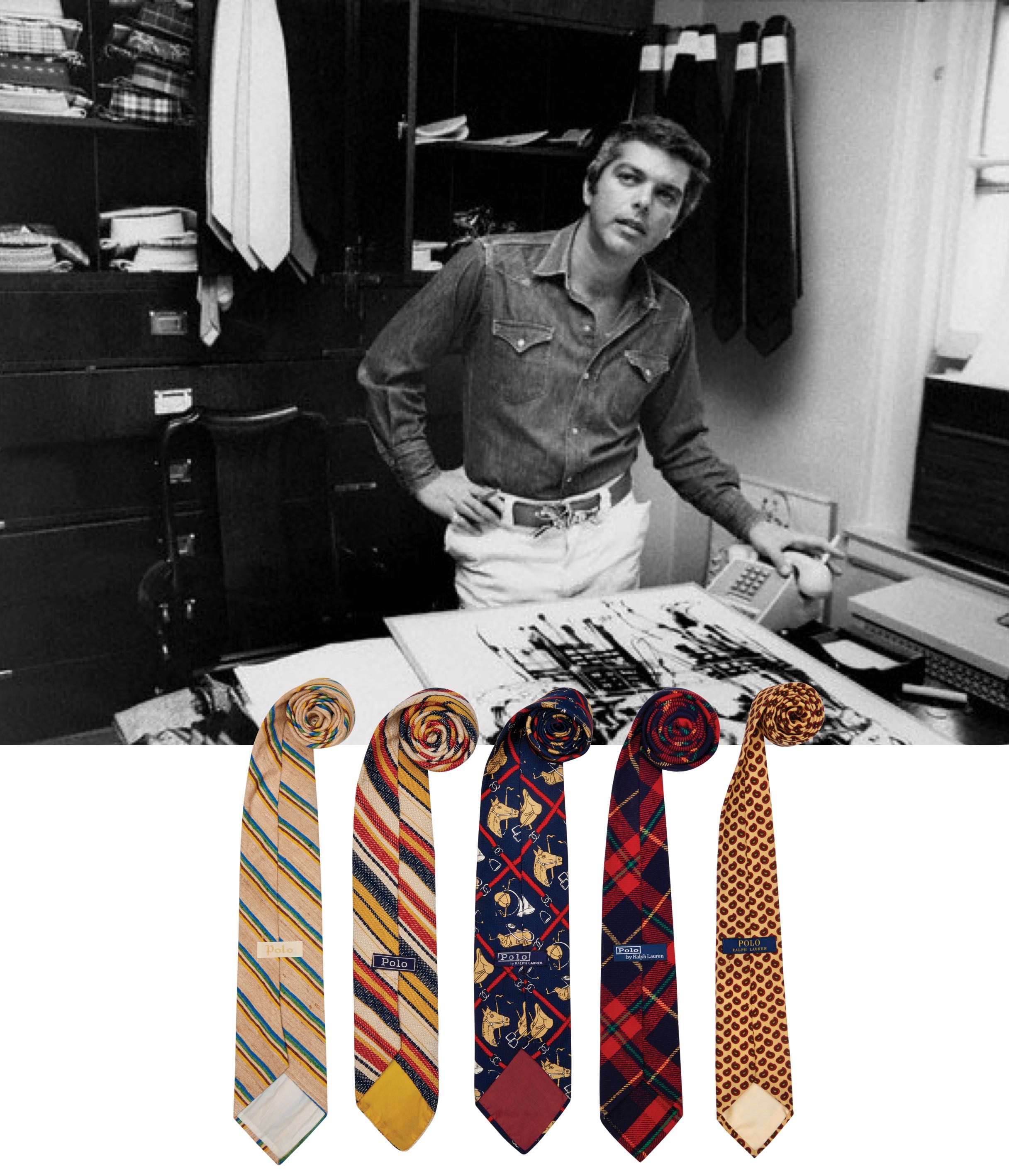       <div class="center-caption">        <div><strong>Cabinet of Curiosities</strong></div>        <div>          From top, Ralph in the early 1970s as his tie business expanded to          include shirts; a few examples of his first tie designs, which, as he          writes, included &ldquo;patterns, classic repp stripes, and prints&rdquo;        </div>      </div>      <div class="vertical-right caption-sub">        Photography credit (from top): Louis Liotta/New York Post Archives;        Zachary Freyman      </div>    