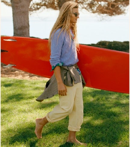 Man wears pale yellow pants and blue sweater.